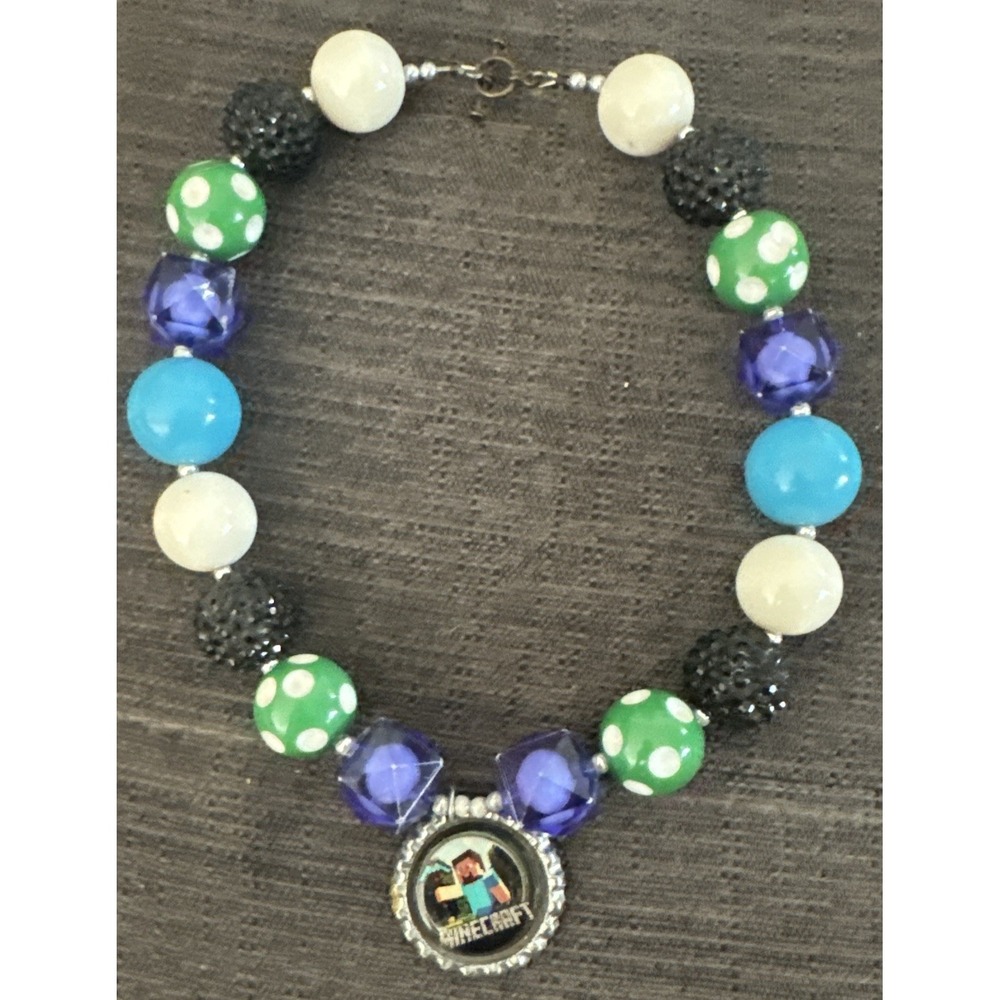 Minecraft Necklace Bottle‎ Cap Charm Kids Unique Beads Approx 16 Inches